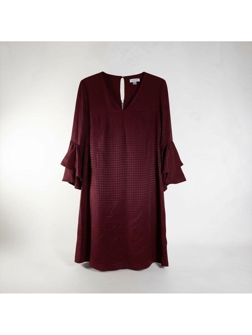 NWT Calvin Klein Burgundy V-Neck Ruffle Sleeve Elegant Shift Dress, 2